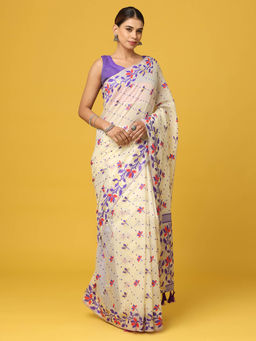 Vastranand - Cream Dhakai Jamdani Saree with Unstitched Blouse
