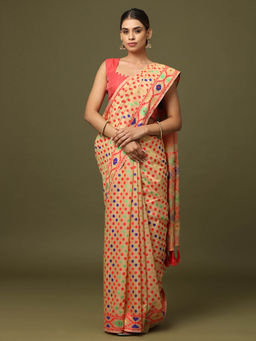 Vastranand - Beige Dhakai Jamdani Saree with Unstitched Blouse