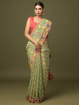 Vastranand - Green Dhakai Jamdani Saree with Unstitched Blouse
