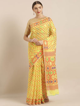 Vastranand - Yellow Dhakai Jamdani Saree with Unstitched Blouse