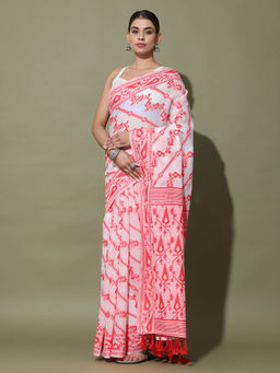 Vastranand - White Dhakai Jamdani Saree with Unstitched Blouse