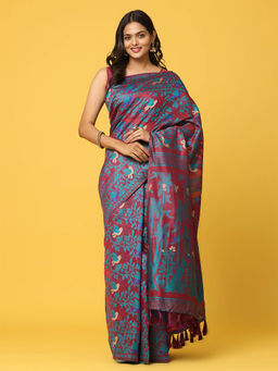 Vastranand - Maroon Dhakai Jamdani Saree with Unstitched Blouse