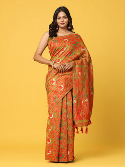 Vastranand - Mustard Dhakai Jamdani Saree with Unstitched Blouse