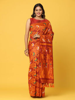 Vastranand - Maroon Dhakai Jamdani Saree with Unstitched Blouse