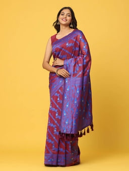 Vastranand - Maroon Dhakai Jamdani Saree with Unstitched Blouse