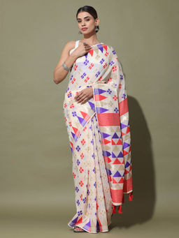 Vastranand - Off White Dhakai Jamdani Saree with Unstitched Blouse