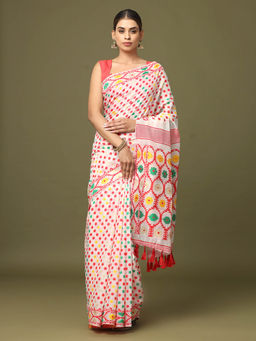 Vastranand - White Dhakai Jamdani Saree with Unstitched Blouse