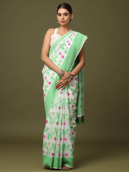 Vastranand - Green Dhakai Jamdani Saree with Unstitched Blouse
