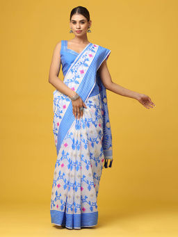 Vastranand - Blue Dhakai Jamdani Saree with Unstitched Blouse