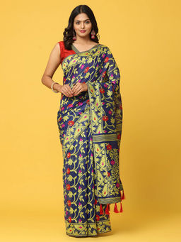 Vastranand - Blue Dhakai Jamdani Saree with Unstitched Blouse