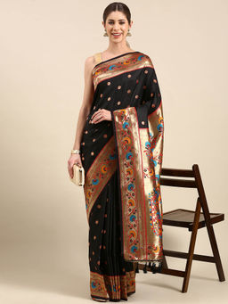 Vastranand - Black Ethnic Motifs Woven Design Zari Art Silk Pathani Saree with Unstitched Blouse