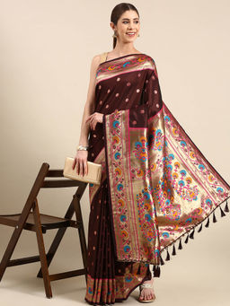 Vastranand - Brown Ethnic Motifs Woven Design Zari Art Silk Pathani Saree with Unstitched Blouse