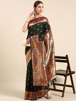Vastranand - Green Ethnic Motifs Woven Design Zari Art Silk Pathani Saree with Unstitched Blouse