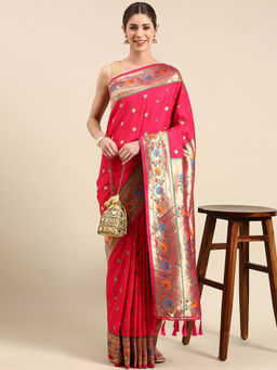 Vastranand - Pink Ethnic Motifs Woven Design Zari Art Silk Pathani Saree with Unstitched Blouse