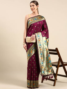 Vastranand - Burgundy Ethnic Motifs Woven Design Zari Art Silk Pathani Saree with Unstitched Blouse