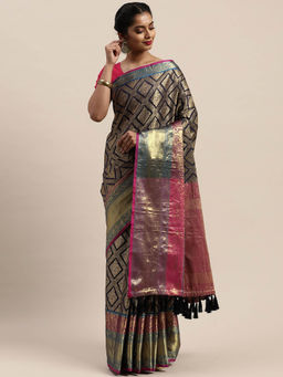 Vastranand - Navy Blue Zari Banarasi Silk Saree with Unstitched Blouse