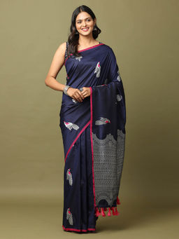 Vastranand - Navy Blue Zari Banarasi Silk Saree with Unstitched Blouse