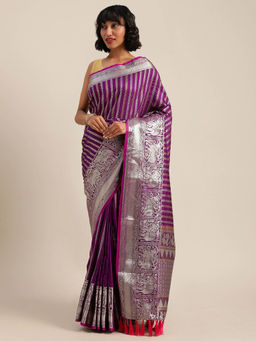 Vastranand - Wine Zari Banarasi Silk Saree with Unstitched Blouse