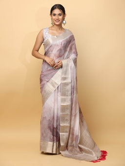 Vastranand - Mauve Printed Zari Organza Saree with Unstitched Blouse