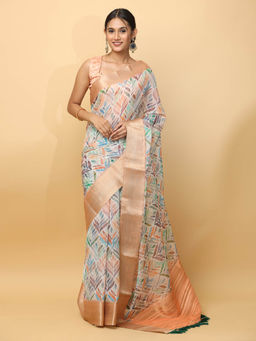 Vastranand - White Printed Zari Organza Saree with Unstitched Blouse