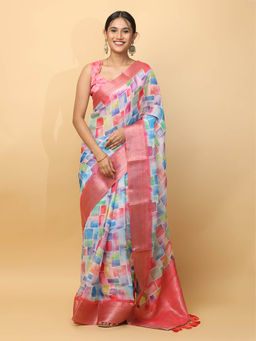 Vastranand - Multi-Color Printed Zari Organza Saree with Unstitched Blouse