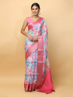 Vastranand - Multi-Color Printed Zari Organza Saree with Unstitched Blouse