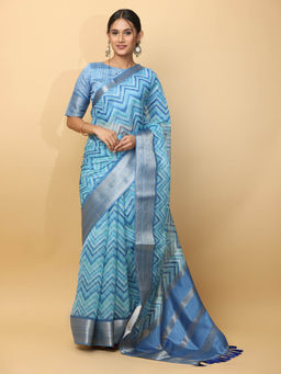 Vastranand - Blue Printed Zari Organza Saree with Unstitched Blouse