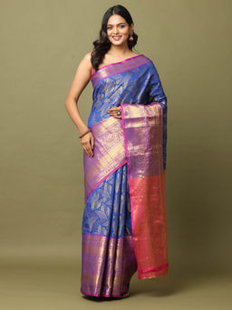 Vastranand - Blue Zari Banarasi Silk Saree with Unstitched Blouse