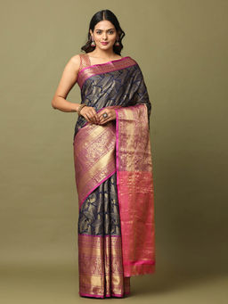Vastranand - Navy Blue Zari Banarasi Silk Saree with Unstitched Blouse