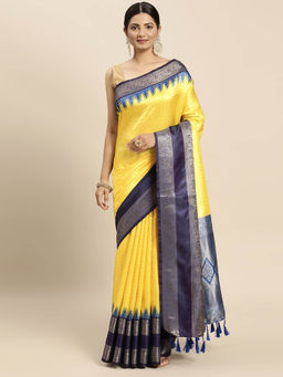 Vastranand - Yellow Zari Checked Zari Banarasi Saree with Unstitched Blouse