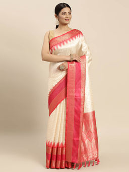 Vastranand - Pink Zari Checked Zari Banarasi Saree with Unstitched Blouse