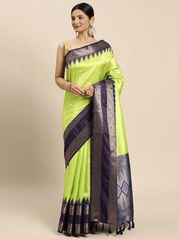 Vastranand - Green Zari Checked Zari Banarasi Saree with Unstitched Blouse