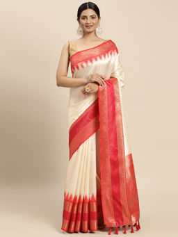 Vastranand - Red Zari Checked Zari Banarasi Saree with Unstitched Blouse