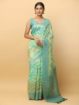 Vastranand - Green Zari Geometric Printed Banarasi Saree with Unstitched Blouse