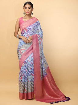 Vastranand - Blue Zari Geometric Printed Banarasi Saree with Unstitched Blouse