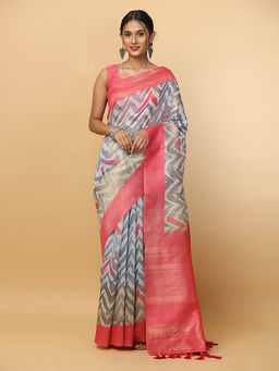 Vastranand - Grey Zari Geometric Printed Banarasi Saree with Unstitched Blouse
