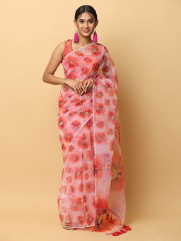 Vastranand - Pink Floral Printed Organza Saree with Unstitched Blouse