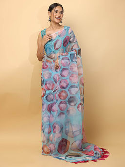Vastranand - Blue Printed Organza Saree with Unstitched Blouse