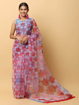 Vastranand - Blue Printed Organza Saree with Unstitched Blouse