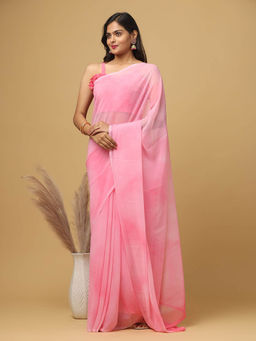Vastranand - Pink Solid Soft Georgette Saree with Unstitched Blouse