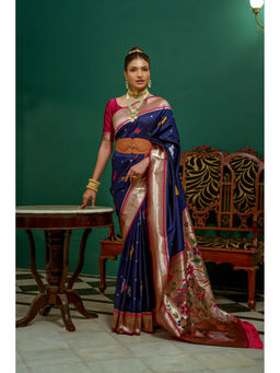 VISHNU WEAVES - Navy Blue & Pink-Toned Banarasi Zari Woven Pathani Saree with Unstitched Blouse