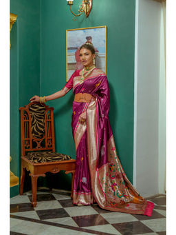 VISHNU WEAVES - Wine & Pink-Toned Banarasi Zari Woven Pathani Saree with Unstitched Blouse