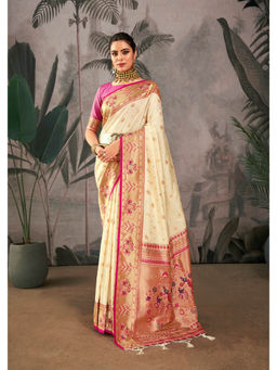 VISHNU WEAVES - Cream Zari Woven Pathani Pallu With Pathani Silk Saree with Unstitched Blouse