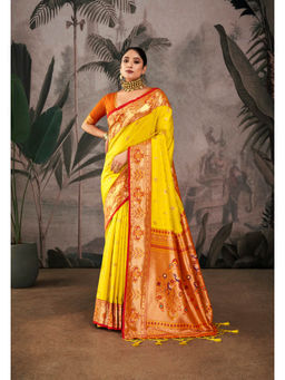 VISHNU WEAVES - Yellow Zari Woven Pathani Pallu With Pathani Silk Saree with Unstitched Blouse