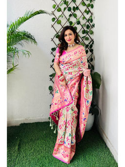 VISHNU WEAVES - Cream Woven Design Pathani Pure Silk Saree with Unstitched Blouse