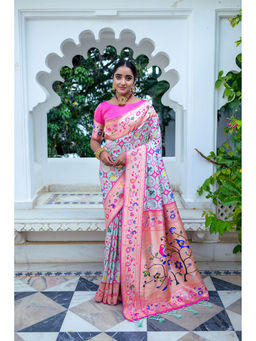 VISHNU WEAVES - Turquoise Woven Design Pathani Pure Silk Saree with Unstitched Blouse