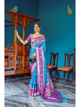 VISHNU WEAVES - Blue & Purple Zari Woven Design Pathani Silk Saree with Unstitched Blouse