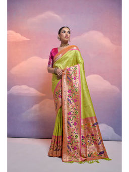 VISHNU WEAVES - Green Mehendi Meenakari Zari Woven Border Pathani Saree with Unstitched Blouse