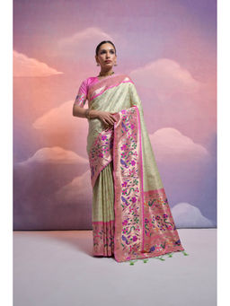 VISHNU WEAVES - Green Pista Meenakari Zari Woven Border Pathani Saree with Unstitched Blouse