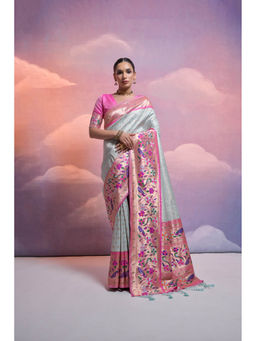 VISHNU WEAVES - Blue Meenakari Zari Woven Border Pathani Designer Saree with Unstitched Blouse